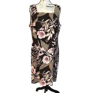 Dressbarn Sleeveless Dress Tropical Print Square Neck Brown and Pink Size 16
